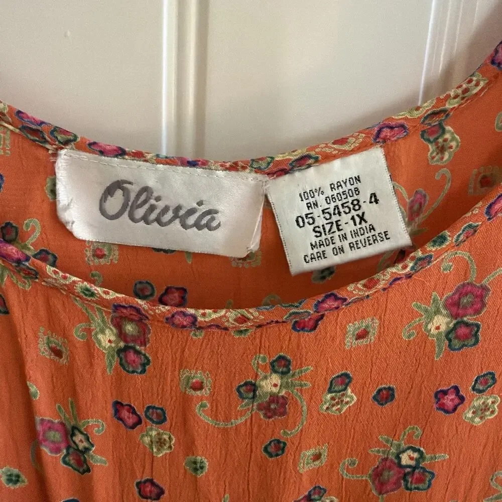 Vintage Olivia floral orange tropical maxi dress Miu Miu style women’s size 1x - Picture 2 of 11